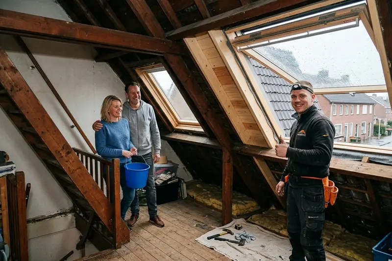 Dakdekker geeft een geruststellende duim omhoog op het gerepareerde dak terwijl de bewoners opgelucht toekijken en de regen optrekt