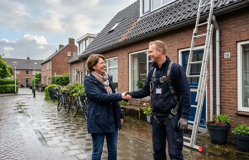 Dakdekker en bewoner kijken vanaf de stoep tevreden omhoog naar het gerepareerde dak