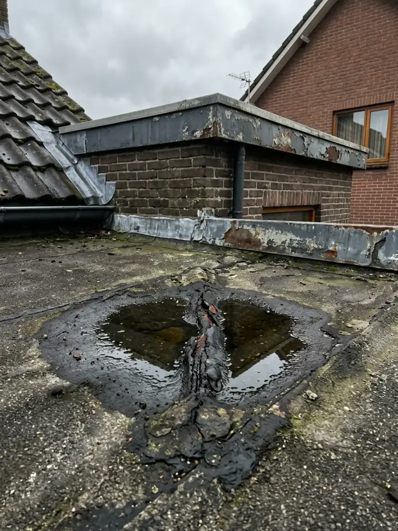 Plat dak met blazen en een scheur in de bitumen dakbedekking